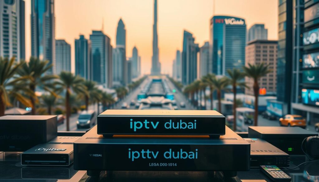 A bustling cityscape of Dubai, with towering skyscrapers and palm trees lining the streets. In the foreground, a sleek, modern device prominently displaying the brand name "iptv dubai" - a legal IPTV provider offering a range of channels and entertainment options. The device is surrounded by various electronic devices, creating a tech-savvy atmosphere. The lighting is soft and warm, creating a welcoming and professional ambiance. The camera angle is slightly elevated, providing a bird's-eye view of the scene, conveying a sense of authority and legitimacy in the IPTV service.