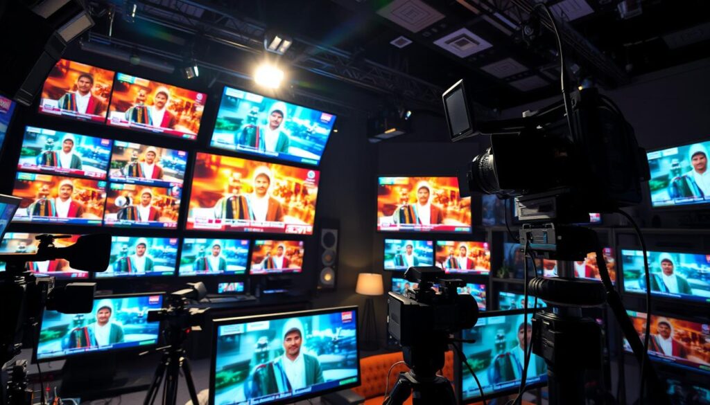 A bustling live TV studio, with a vibrant array of live news channels playing on multiple screens. Bright, focused lighting illuminates the scene, casting dramatic shadows and highlighting the dynamic energy of the live programming. The camera is positioned to capture an immersive, wide-angle view, showcasing the depth and complexity of the setup. Various technical equipment, such as cameras, microphones, and monitors, are arranged in a seamless, professional manner, conveying the high-quality production values of the India IPTV service. The overall atmosphere is one of excitement, innovation, and the thrill of live, on-demand entertainment.