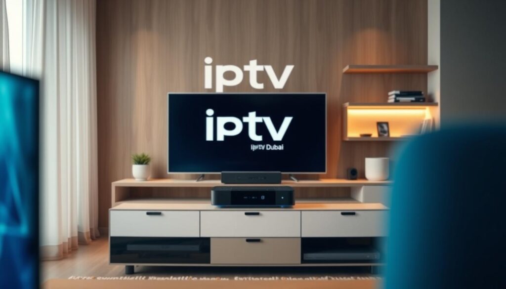 A cutting-edge IPTV system with sleek, modern devices showcasing the iptv dubai brand. In the foreground, a high-definition display demonstrates crystal-clear streaming, while in the middle ground, a compact set-top box sits atop a minimalist entertainment unit. The background reveals a tech-savvy home environment, with smart home integrations and seamless connectivity. Soft, directional lighting emphasizes the premium quality and sophisticated design of the IPTV technology. The overall atmosphere conveys the convenience, flexibility, and future-facing capabilities of this innovative entertainment solution.best iptv service