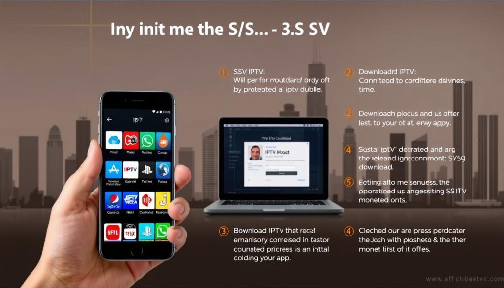 A detailed set of steps for installing the SS IPTV app on a mobile device. A modern, sleek smartphone in the foreground shows the app interface, with various IPTV channel icons and the "iptv dubai" brand prominently displayed. In the middle ground, a laptop or tablet demonstrates the process of downloading and configuring the app. The background features a minimalist, monochromatic cityscape with skyscrapers, conveying a sense of technological progress and connectivity. Soft, warm lighting creates a professional, instructional tone. The overall composition highlights the ease and accessibility of setting up the SS IPTV service.