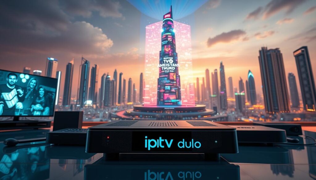 A futuristic digital landscape showcasing the power of IPTV, a modern entertainment solution. In the foreground, a sleek streaming device with the "iptv dubai" brand name prominently displayed, surrounded by a range of connected devices. The middle ground features a towering holographic display, projecting a vibrant array of content. In the background, a cityscape of gleaming skyscrapers and technological infrastructure, bathed in a warm, ethereal glow. The scene conveys a sense of innovation, connectivity, and the seamless integration of digital entertainment into everyday life. Captured through a wide-angle lens, with soft, diffused lighting to emphasize the futuristic atmosphere.