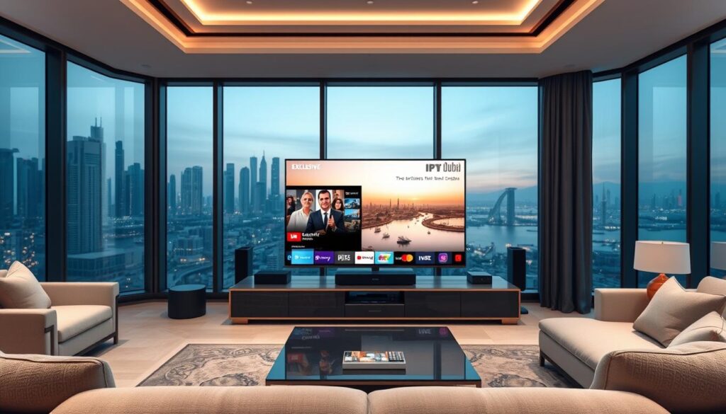 A high-end, luxurious media center showcasing the "iptv dubai" brand. In the foreground, a sleek, minimalist television set displaying exclusive content with a crisp, vibrant image quality. Surrounding it, a modern, sophisticated entertainment system with advanced streaming capabilities. The midground features a cozy, well-appointed living space with plush seating and subtle, elegant lighting. The background depicts a serene, urban skyline through large windows, conveying a sense of exclusivity and high-end access. The overall atmosphere is one of refined taste, technological superiority, and the privilege of curated, premium entertainment.