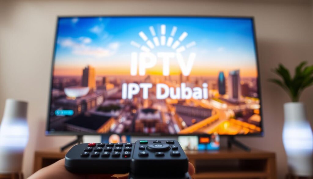 إشتراك iptv, A high-quality IPTV subscription streaming service with vivid, crystal-clear imagery. In the foreground, a sleek smart TV displays intricate, detailed video playback. The middle ground features a modern remote control, seamlessly integrated with the user interface. In the background, a stylized IPTV Dubai logo radiates a sense of premium quality and reliability. The scene is bathed in warm, soft lighting, creating a cozy, immersive viewing experience. The overall atmosphere conveys a sophisticated, technologically advanced home entertainment setup that elevates the IPTV experience.