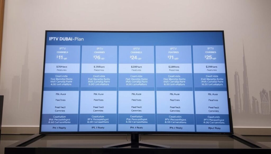 A high-quality, detailed image of various IPTV subscription plans offered by "IPTV Dubai". The foreground showcases the plan options, each with distinct pricing, channels, and features displayed in an organized grid layout. The middle ground depicts a sleek, modern user interface with a clean, minimal design aesthetic. The background features a subtle cityscape of Dubai's iconic skyline, conveying a sense of the local market and setting. The lighting is bright and natural, highlighting the clarity and legibility of the plan details. The overall mood is professional, informative, and visually appealing, suitable for an article on the best IPTV services in Dubai.