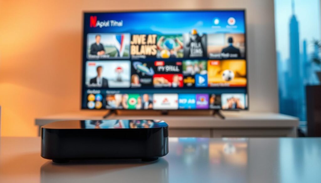 A high-resolution, 4K ultra-HD streaming device prominently displayed in the foreground, its sleek and modern design capturing the attention. In the middle ground, a vibrant, crystal-clear display showcases a variety of entertainment content, from movies and TV shows to live sports and news channels. The background features a subtle city skyline, hinting at the expansive global reach and connectivity of the "iptv dubai" service. Warm, diffused lighting creates a sense of comfort and luxury, complementing the overall sophisticated and immersive viewing experience.