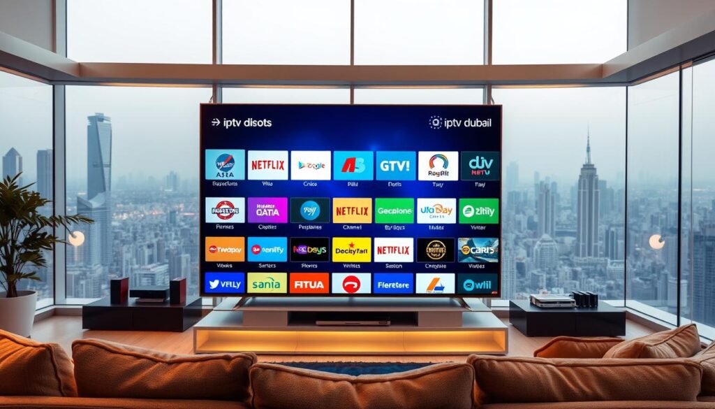 A high-resolution image of a modern home entertainment setup showcasing a wide array of "iptv dubai" channels on a large, state-of-the-art television screen. The foreground features the television set with a sleek, minimalist design, displaying a diverse selection of channel logos and thumbnails. The middle ground depicts a comfortable living room environment with plush furniture and warm lighting, creating a cozy and inviting atmosphere. The background suggests an urban cityscape through large, panoramic windows, hinting at the boundless entertainment options available with the "iptv dubai" service. The overall scene conveys a sense of technological sophistication, content abundance, and the convenience of accessing premium entertainment from the comfort of one's own home.