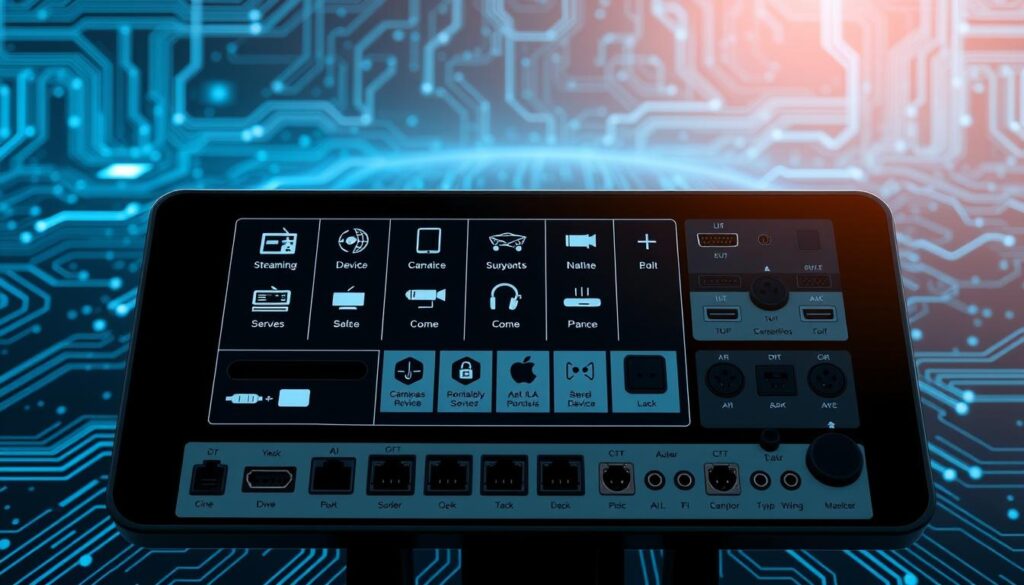 A high-tech control panel with various interface devices and compatibility indicators. In the foreground, a sleek, minimalist touchscreen display showcases compatibility symbols and icons for different streaming services, devices, and connection types. The middle ground features an array of ports, jacks, and adapters, highlighting the diverse connectivity options. The background is filled with a subdued, futuristic landscape of circuit boards, data streams, and soft blue lighting, creating an atmosphere of advanced technological integration.