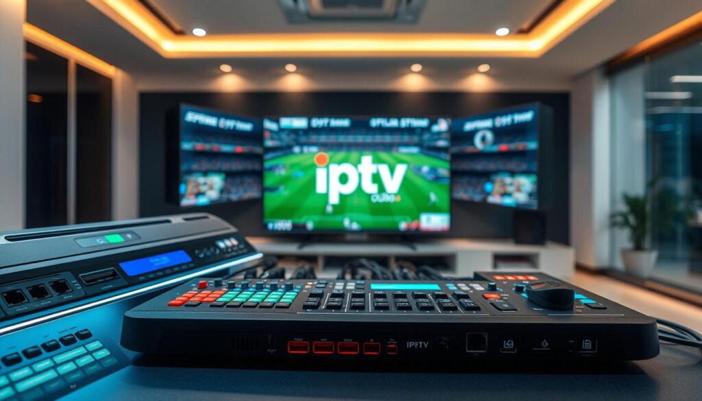 A high-tech digital streaming setup, showcasing the seamless integration of IPTV technology. A futuristic control panel with sleek, minimalist design elements dominates the foreground, with various input/output ports, buttons, and displays. In the middle ground, a large, high-definition screen displays live sports programming, the "iptv dubai" branding prominently featured. The background features a clean, modern office or home media room setting, with warm, indirect lighting creating a professional, yet inviting atmosphere. The overall scene conveys the power and convenience of IPTV for sports enthusiasts, striking a balance between technical complexity and user-friendly accessibility.