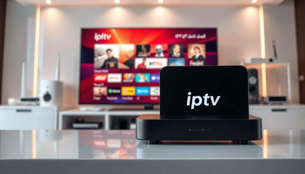 A highly detailed, hyper-realistic image of "iptv technology" from multiple perspectives. In the foreground, a sleek IPTV set-top box in a modern minimalist design, showcasing the "iptv dubai" brand logo. In the middle ground, a television screen displaying a vibrant live TV interface with channel icons, program guides, and interactive overlays. In the background, a futuristic home entertainment system with smart home devices, wireless routers, and streaming media players, all interconnected and integrated. Crisp lighting from multiple angles highlights the technological details and premium build quality. The overall scene conveys a sense of advanced, seamless home entertainment powered by cutting-edge IPTV technology.