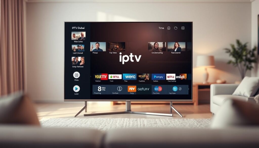 A highly detailed, realistic rendering of an IPTV streaming service interface for Android TV. The foreground depicts a sleek, modern TV screen showcasing a wide selection of live TV channels and on-demand content, with the brand name "iptv dubai" prominently displayed. The middle ground features an elegant, minimalist UI design with intuitive controls and a clean, user-friendly layout. The background is a softly blurred living room setting, suggesting a comfortable, immersive home entertainment experience. The lighting is natural and warm, creating a cozy, inviting atmosphere. The perspective is slightly angled to provide a dynamic, three-dimensional view of the scene.