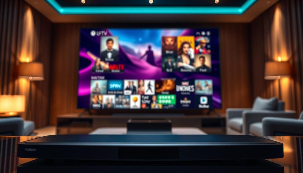 A luxurious IPTV Dubai setup, showcasing its premium features. In the foreground, an elegant OLED TV displays a mesmerizing array of entertainment options, its sleek design complemented by a modern soundbar. The middle ground features a high-end streaming device, its minimalist exterior hiding a powerful processor that enables seamless access to a vast library of content. In the background, a sophisticated home theater setup, with ambient lighting and plush seating, creates an immersive viewing experience. The scene conveys a sense of sophistication and exclusivity, reflecting the premium nature of iptv dubai's services.