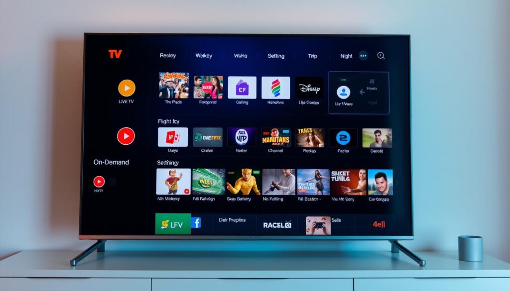 A modern digital TV interface showcasing a robust IPTV service. The screen displays a variety of live TV channels, on-demand content, and streaming options against a sleek, minimalist backdrop. The user interface features intuitive navigation menus and customizable settings, allowing for a seamless and personalized viewing experience. Soft, ambient lighting illuminates the scene, creating a cozy and inviting atmosphere. The overall composition conveys the convenience, versatility, and entertainment potential of an India IPTV subscription.