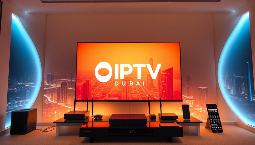 A modern digital television system with a high-resolution display showcasing the "IPTV Dubai" brand, illuminated by warm, diffused lighting. In the foreground, a sleek smart TV set with a clean, minimalist design. The middle ground features various multimedia devices like set-top boxes, routers, and mobile devices, all connected and seamlessly integrated. The background depicts a futuristic cityscape, hinting at the global reach and connectivity of IPTV technology. The overall scene conveys a sense of advanced, convenient, and immersive home entertainment.