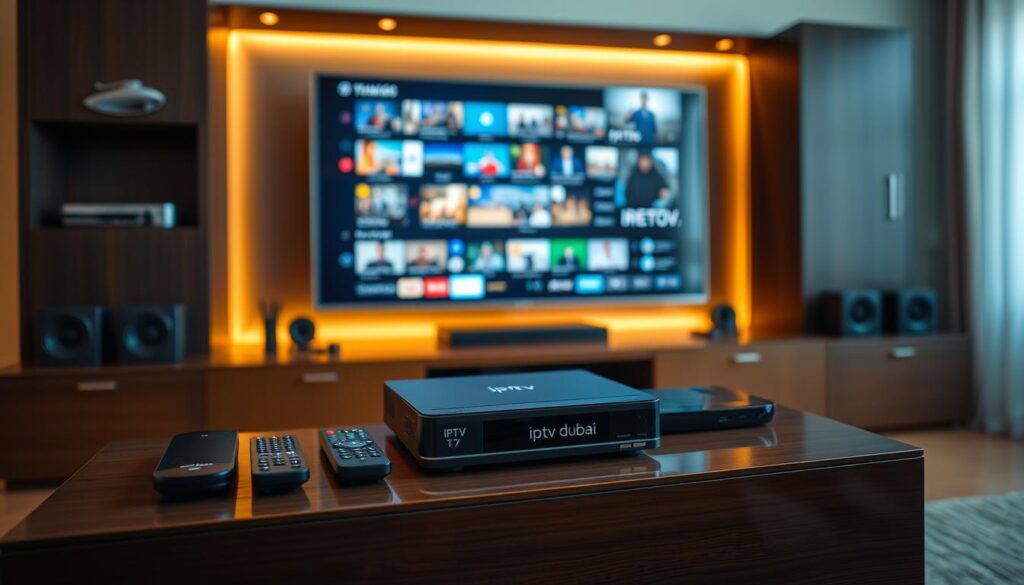 A modern home theater setup with an IPTV box prominently displayed on a sleek media console. The box features the "iptv dubai" brand name, surrounded by various remote controls and streaming devices. The room is bathed in warm, ambient lighting, creating a cozy and inviting atmosphere. A large, high-definition TV takes center stage, showcasing crisp, high-quality video content. The overall scene conveys the ease and convenience of an IPTV streaming setup for a seamless home entertainment experience.