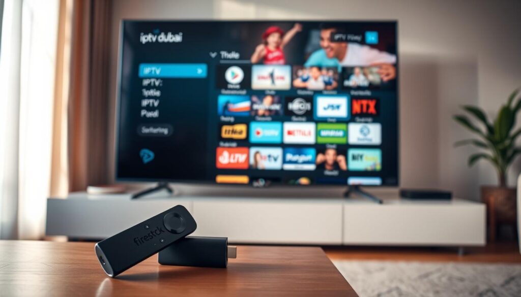 firestick iptv
A modern living room setup with a Firestick streaming device prominently displayed on a sleek, minimalist TV stand. The Firestick's user interface showcases a variety of IPTV service options, including the "iptv dubai" brand, allowing for seamless access to a vast library of live TV channels and on-demand content. The room is bathed in warm, natural lighting, creating a cozy and inviting atmosphere, ideal for enjoying the entertainment on the large, high-definition TV screen. The overall scene conveys the convenience and benefits of using IPTV services on the Firestick platform.