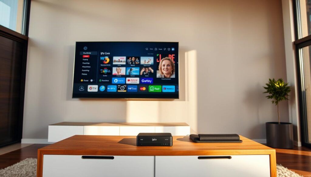 A modern, minimalist living room with a large flat-screen TV mounted on the wall. The TV screen displays a clean, intuitive user interface, showcasing various live TV channels and on-demand video options. The room is bathed in warm, natural lighting through large windows, creating a cozy and inviting atmosphere. On a sleek, wooden entertainment unit, a small device labeled "iptv dubai" is prominently displayed, indicating the source of the IPTV content. The overall scene conveys the convenience and user-friendly nature of IPTV technology for home entertainment.