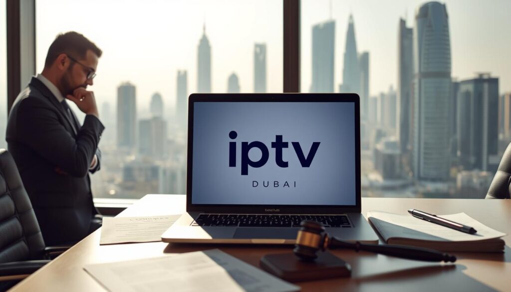 A modern office interior with a large window overlooking the Dubai skyline. On the desk, a sleek laptop displays the "iptv dubai" logo, surrounded by legal documents and a contemplative executive. Soft, natural lighting filters through the window, creating a pensive atmosphere. The scene conveys the legal implications and complexities of IPTV usage in the UAE, with a focus on the juxtaposition of technology and regulation.