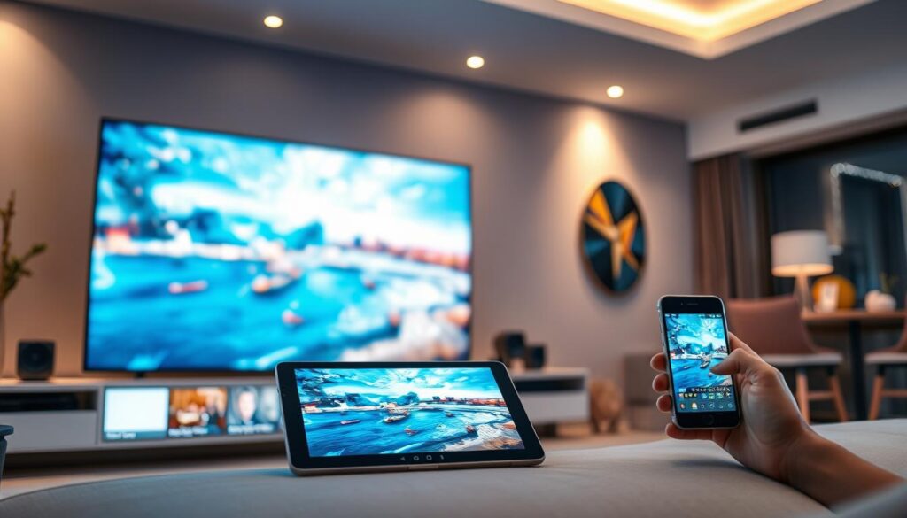 A modern, sleek living room with multiple devices seamlessly streaming content. In the foreground, a high-end smart TV displays vibrant, 4K IPTV dubai visuals. Beside it, a tablet and smartphone effortlessly mirror the same content, showcasing the integration of a multi-device setup. Soft, warm lighting from behind-the-scenes fixtures illuminates the scene, creating a cozy and inviting atmosphere. In the background, subtle hints of contemporary furniture and decor elements complement the futuristic technology, resulting in a harmonious and visually appealing composition.