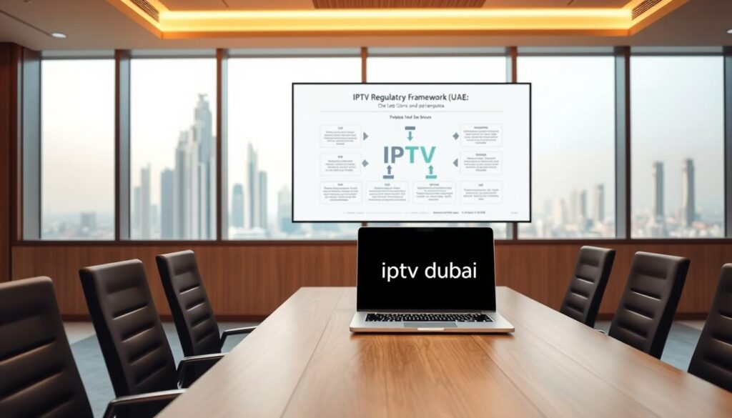best iptv service,A modern, sleek office interior with floor-to-ceiling windows overlooking the Dubai skyline. In the foreground, a minimalist wooden conference table with chairs around it. On the table, a laptop displaying the words "IPTV Regulatory Framework UAE". In the background, a large wall display showing a diagram outlining the legal and regulatory landscape of IPTV services in the UAE. Warm, directional lighting illuminates the scene, creating a professional, authoritative atmosphere. The brand name "iptv dubai" is prominently displayed on the laptop screen.