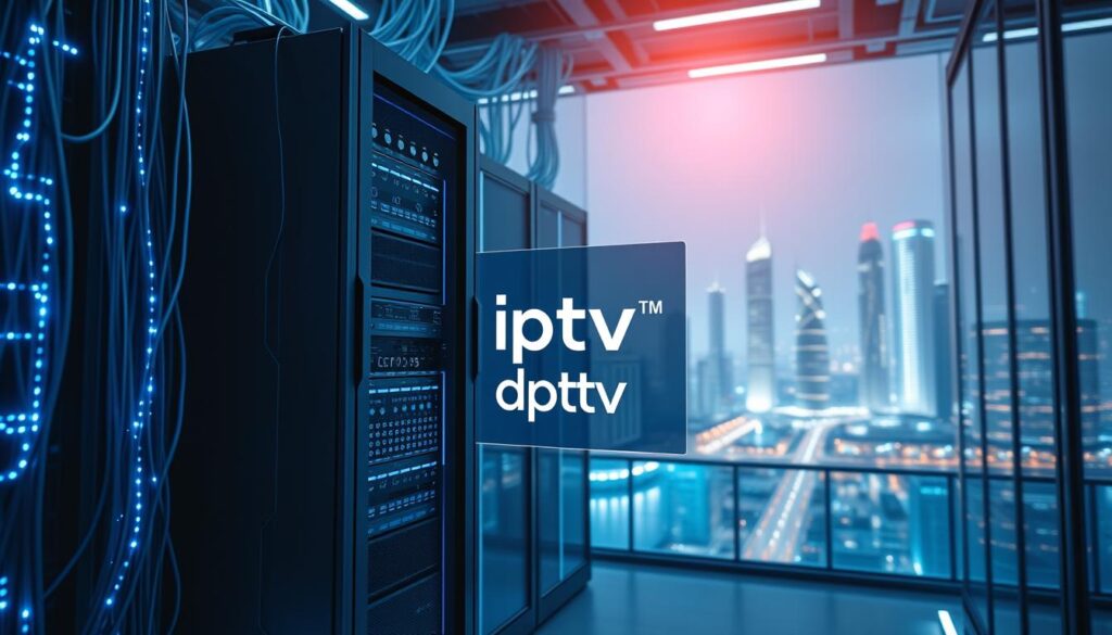 A modern, sleek technology hub with a towering server rack in the foreground, surrounded by glowing data cables and a dynamic visualization of streaming data. The middle ground features a futuristic interface showcasing the "iptv dubai" brand, with a clean, minimal design. In the background, a city skyline glimmers with the lights of high-rise buildings, reflecting the ubiquity of streaming technology in the UAE. The scene is illuminated by cool, blue-tinted lighting, creating a sense of technological advancement and digital innovation.