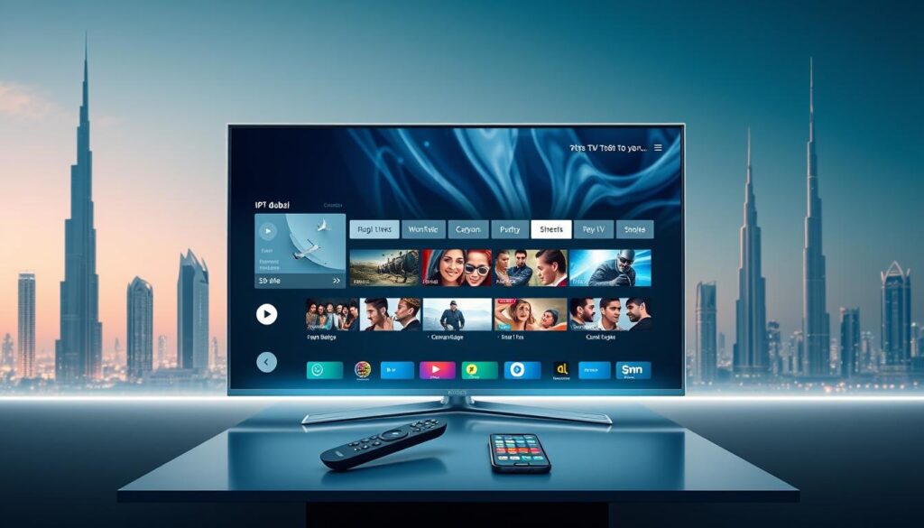 A modern, visually striking image of "iptv dubai" services showcasing the reliability and quality of IPTV solutions in the UAE. The image depicts a sleek, futuristic interface with a clean, minimalist design. In the foreground, a 4K television screen displays various IPTV channels and streaming content, highlighting the high-definition video quality. The middle ground features a smart remote control and a smartphone, symbolizing the seamless integration of IPTV technology with multiple devices. The background depicts the iconic skyline of Dubai, representing the thriving technology hub and the demand for advanced IPTV services in the region. The overall atmosphere conveys a sense of sophistication, convenience, and the cutting-edge nature of "iptv dubai" offerings.