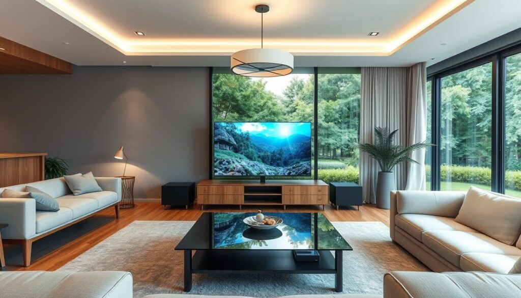 A serene living room filled with modern, minimalist furniture. In the center, a sleek, glass-topped coffee table displays a TV screen showcasing vibrant, streaming video content. Overhead, a minimalist lighting fixture casts a warm, ambient glow, creating a cozy, inviting atmosphere. Through the large windows, a lush, verdant landscape can be seen, blending the indoor and outdoor spaces. The room's neutral color palette of grays, whites, and natural wood tones exudes a sense of tranquility and sophistication, perfectly complementing the advanced IPTV technology on display.