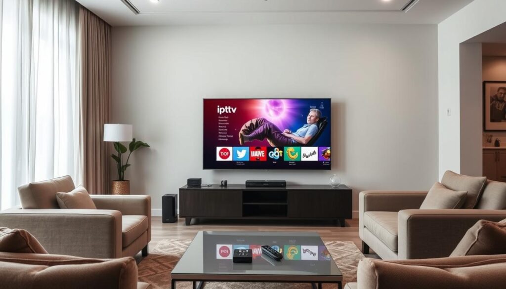 A serene living room with a large flatscreen TV displaying a vibrant streaming interface, showcasing the iptv dubai brand. Soft lighting filters through sheer curtains, creating a cozy ambiance. In the foreground, a modern coffee table with a remote control hints at the convenience of on-demand entertainment. The middle ground features comfortable armchairs and a plush sofa, inviting viewers to relax and immerse themselves in the captivating visuals. The background reveals a minimalist, well-appointed space, reflecting the seamless integration of technology into the home environment.إشتراك IPTV