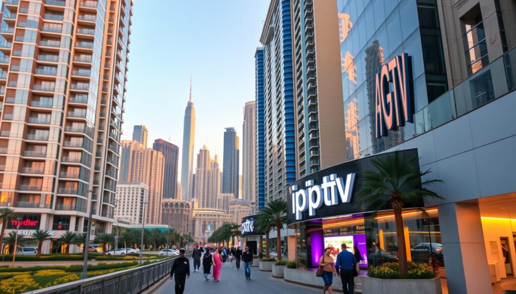 A serene urban landscape showcases the vibrant benefits of IPTV in the UAE. In the foreground, a modern apartment complex stands tall, its sleek glass facades reflecting the warm hues of the evening sky. The middle ground features a bustling city street, where people stroll past the "iptv dubai" signage, enjoying the convenience and entertainment of their IPTV service. In the background, the iconic skyline of Dubai shimmers, its towering skyscrapers and architectural wonders hinting at the technological advancements that have transformed the emirate. The scene is bathed in a soft, golden light, conveying a sense of prosperity and progress associated with the use of IPTV in the UAE.