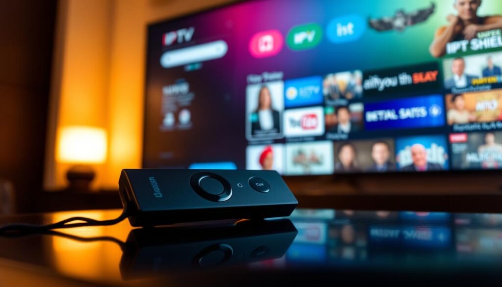 firestick iptv
A sleek and modern Amazon Firestick resting on a glossy, black surface, its distinctive shape and design prominently displayed. The device is bathed in warm, soft lighting, casting subtle shadows that accentuate its contours. In the background, a vibrant and colorful IPTV Dubai interface is projected onto a wall, showcasing a variety of streaming options and content. The scene conveys a sense of effortless connectivity and entertainment, inviting the viewer to explore the world of IPTV and the versatility of the Firestick.