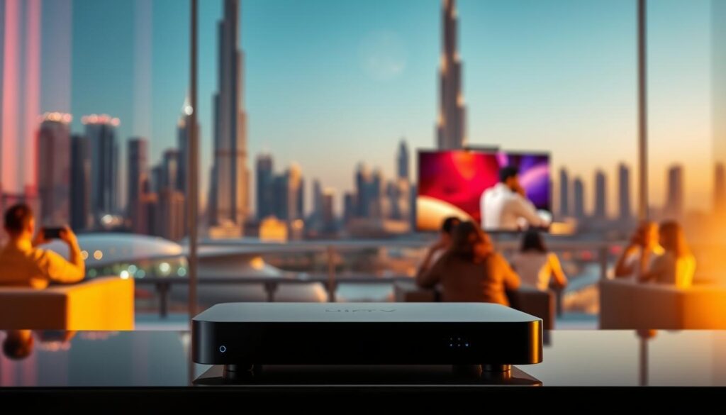 A sleek and modern IPTV box stands prominently in the foreground, its clean lines and glossy surface reflecting the high-tech nature of the iptv dubai service. In the middle ground, a vibrant cityscape of Dubai's iconic skyscrapers and landmarks is visible, bathed in warm, golden-hour lighting that casts long shadows and creates a sense of depth and atmosphere. The background features a subtly blurred image of people enjoying the convenience and entertainment of the iptv dubai service on their various devices, highlighting the user-centric focus of the product. The overall scene conveys a sense of sophistication, innovation, and the seamless integration of technology into the urban lifestyle of Dubai.