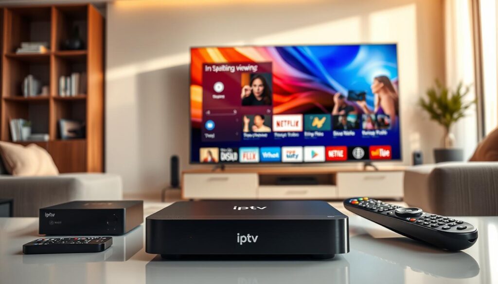 A sleek and modern IPTV setup, showcasing the key features of this cutting-edge digital entertainment technology. In the foreground, a high-end IPTV box with the "iptv dubai" brand prominently displayed, surrounded by a minimalist arrangement of smart devices and remote controls. The middle ground features a large, ultra-high-definition TV screen displaying a vibrant, immersive interface with icons representing popular streaming channels, on-demand content, and advanced features like multi-room viewing and time-shifting. The background depicts a contemporary living room setting, with ample natural lighting flooding the space and creating a warm, inviting atmosphere. The overall composition conveys the convenience, versatility, and premium quality of the IPTV experience.