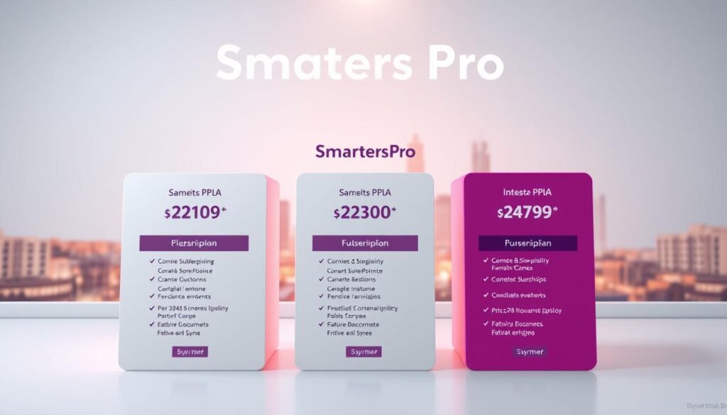 A sleek and modern illustration of the Smarters Pro subscription plans, showcasing the IPTV DUBAI brand. In the foreground, neatly arranged plan options with clear pricing and feature details, presented on a minimalist background. The middle ground features subtle 3D-rendered icons and graphics, highlighting the key benefits. The background has a soft, blurred cityscape with a warm, inviting color palette, evoking a premium, high-tech ambiance. The lighting is soft and directional, creating depth and emphasizing the plan details. The overall composition is balanced, clean, and visually appealing, designed to clearly communicate the Smarters Pro subscription offerings.