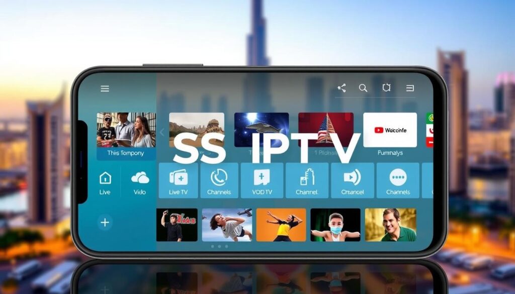A sleek and modern-looking app interface with the name "SS IPTV" prominently displayed. The app showcases a variety of live TV channels, VOD content, and other IPTV features. The interface is clean, user-friendly, and visually appealing, with intuitive navigation and a minimalist design. The app is set against a blurred background featuring the city of Dubai, highlighting the "iptv dubai" brand. The overall atmosphere is one of innovation, technology, and entertainment, reflecting the advanced IPTV capabilities of the SS IPTV app.