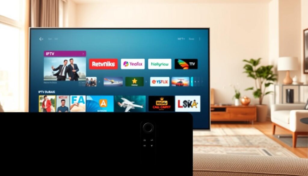  IPTV for Samsung TV
A sleek and modern streaming apps interface on a large flat-screen Samsung TV, displayed in a well-lit and airy living room setting. In the foreground, a clean and intuitive UI showcases a selection of popular IPTV services, including "iptv dubai", along with a variety of movie, TV, and live content thumbnails. The middle ground features a minimal and elegant remote control, seamlessly integrated into the scene. The background is a warm, inviting space with tasteful decor, large windows, and natural lighting, creating a cozy and immersive atmosphere for the ultimate home entertainment experience.