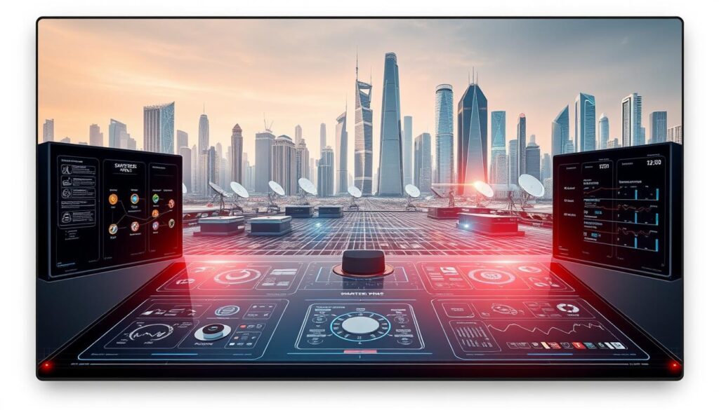 A sleek, futuristic control panel showcasing the advanced IPTV technology behind Smarters Pro. In the foreground, a holographic display presents a seamless user interface, with intuitive controls and real-time data visualizations. In the middle ground, a network of interconnected servers and satellite dishes hint at the powerful infrastructure powering the IPTV system. The background features a cityscape of gleaming skyscrapers, representing the global reach and cutting-edge capabilities of IPTV DUBAI's technology.