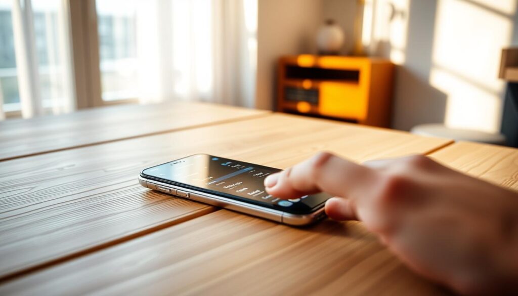 A sleek iPhone resting on a minimalist wooden desk, its screen displaying the "iptv dubai" interface. The room is bathed in warm, natural lighting, creating a serene and inviting atmosphere. In the foreground, a hand gently interacts with the device, seamlessly navigating the IPTV menu. The background features a few simple, elegant decor elements, complementing the clean, modern aesthetic. The composition is balanced and visually appealing, perfectly capturing the ease and convenience of setting up an IPTV service on an iPhone.