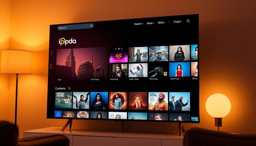 A sleek, modern IPTV service interface showcasing the "iptv dubai" brand. A clean, minimalist design with a prominent search bar, intuitive navigation menu, and a grid of captivating content thumbnails. Warm lighting illuminates the screen, creating a cozy, inviting atmosphere. The layout is balanced and responsive, optimized for both desktop and mobile devices. Subtle gradients and geometric shapes lend a sophisticated, high-tech feel. The overall impression is one of a seamless, user-friendly platform providing endless entertainment options for viewers in the UAE.