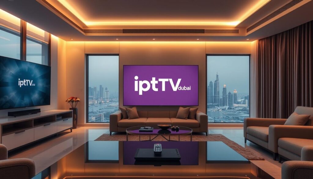 A sleek, modern living room bathed in warm lighting, showcasing a large HDTV displaying the "iptv dubai" logo. In the foreground, a contemporary coffee table with a remote control and a tablet, hinting at the seamless integration of IPTV technology. The middle ground features a comfortable sofa and armchair, creating an inviting atmosphere for enjoying the endless entertainment options. The background depicts a panoramic view of the Dubai skyline, emphasizing the global reach and sophistication of the "iptv dubai" service. The overall scene conveys a sense of effortless luxury and technological innovation, reflecting the transformative power of IPTV in revolutionizing home entertainment.