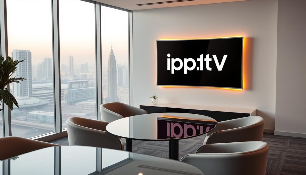 A sleek, modern office interior with a prominent display showcasing the "iptv dubai" brand. The foreground features a large, curved, ultra-high-definition smart TV mounted on the wall, casting a warm glow. In the middle ground, a minimalist glass-topped table surrounded by comfortable chairs, creating an inviting collaboration space. The background reveals floor-to-ceiling windows offering a panoramic view of a vibrant city skyline, bathed in soft, diffused lighting. The overall atmosphere conveys professionalism, technology, and a sense of legal and legitimate IPTV services.