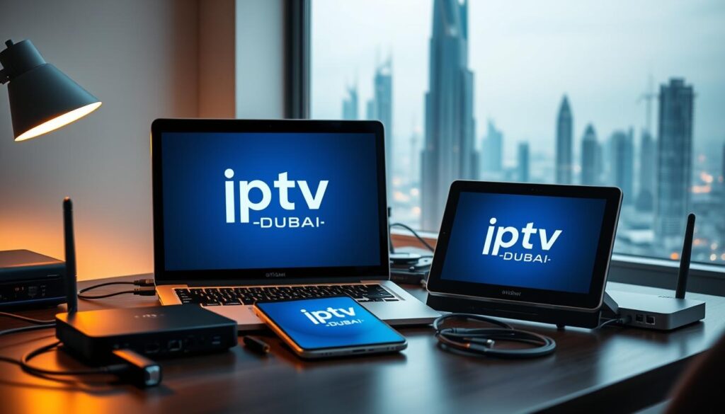 A sleek, modern office setup with a laptop, smartphone, and tablet displaying the "iptv dubai" brand logo. The desk is cluttered with networking equipment like a router, cables, and a VPN router. Soft, warm lighting illuminates the scene, creating a professional and productive atmosphere. The background features a cityscape of Dubai's iconic skyscrapers, symbolizing the need for secure internet access in the UAE. The overall composition conveys the steps required to configure a VPN for IPTV streaming, emphasizing the importance of maintaining privacy and bypassing regional restrictions.