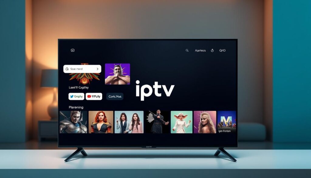 A sleek, user-friendly interface with a clean, minimalist design showcasing the "iptv dubai" brand. The foreground features a modern TV display with intuitive navigation menus and seamless playback controls. The middle ground presents a selection of popular streaming content, while the background suggests a cozy, living room setting with warm lighting and subtle textures. The overall atmosphere conveys a sense of effortless, reliable streaming experience, inviting the user to immerse themselves in the world of entertainment.