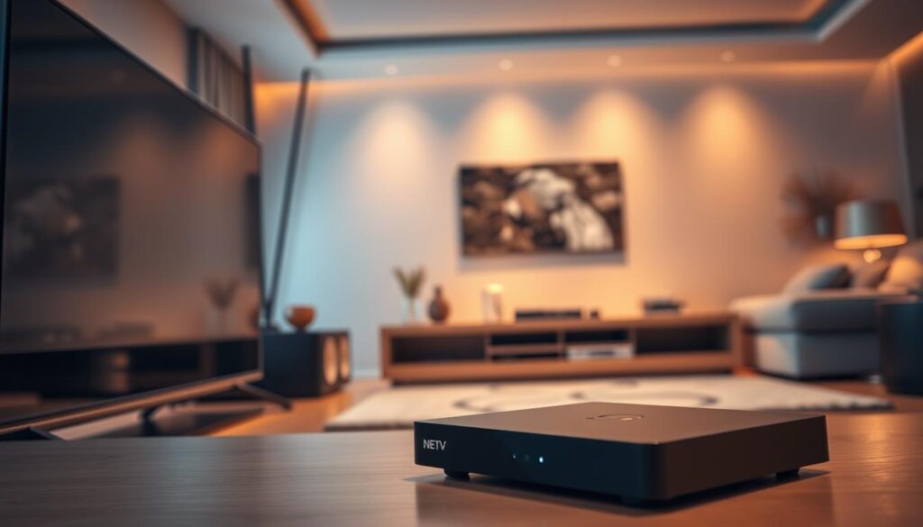 A state-of-the-art home entertainment system, bathed in warm, diffuse lighting, showcasing the premium features of "iptv dubai". In the foreground, a sleek, ultra-high-definition smart TV with seamless 4K streaming capabilities. Beside it, a high-end streaming box, its minimalist design exuding sophistication. In the middle ground, a modern media console with clean lines and premium materials, housing the latest connectivity hubs. The background depicts a cozy, inviting living space, with plush furnishings and subtle ambient lighting, creating a sense of luxury and exclusivity. The overall composition conveys the seamless integration of cutting-edge technology and elegant design, the hallmarks of a premium "iptv dubai" experience.