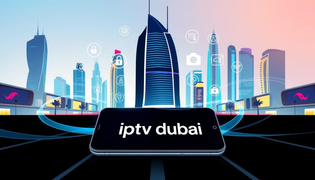 A stylish and sleek illustration showcasing the best VPN for IPTV in the UAE. In the foreground, a high-tech device, possibly a smartphone or tablet, displays the "iptv dubai" logo prominently. The device is surrounded by fluid, dynamic lines and shapes, suggesting the seamless connectivity and security of the VPN. In the middle ground, various icons and symbols represent the key features of the VPN, such as encryption, privacy, and global server locations. The background is a vibrant, futuristic cityscape, with tall skyscrapers and neon-lit streets, conveying the modern, urban setting of the UAE. The overall composition is striking, with a balance of clean, minimalist design and a sense of technological innovation, perfectly capturing the essence of choosing the best VPN for IPTV access in the Emirates.