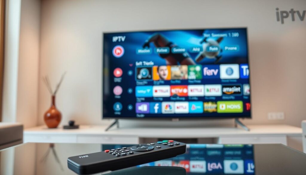 A technologically advanced smart television displaying a sleek and modern IPTV interface, showcasing the brand "iptv dubai". The screen is crisp and vibrant, with intuitive navigation menus and a wide selection of content. In the foreground, a remote control with a minimalist design rests on a glass table, suggesting the seamless integration of IPTV technology into the living room. The background features a contemporary living space with neutral tones and clean lines, highlighting the integration of IPTV as the future of television. Soft, diffused lighting creates a warm and inviting atmosphere, emphasizing the comfort and convenience of this cutting-edge entertainment solution.