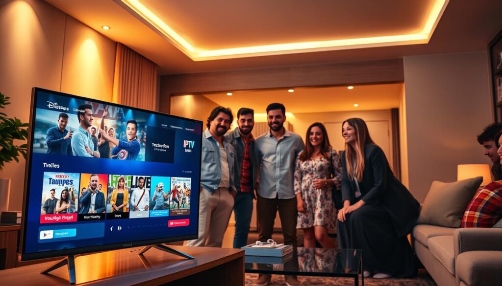 A vibrant and dynamic scene showcasing the benefits of "IPTV Dubai" subscription. In the foreground, a sleek television displays a wide variety of content, from live sports to the latest movies, all accessible with a single click. In the middle ground, a group of people gather around, their faces lit by the glow of the screen, expressions of awe and excitement. The background depicts a modern, high-tech living room, complete with smart home automation and seamless connectivity. Warm lighting casts a cozy ambiance, while the overall composition conveys a sense of convenience, entertainment, and the future of television. The scene is captured through a wide-angle lens, highlighting the immersive and all-encompassing nature of the "IPTV Dubai" experience.