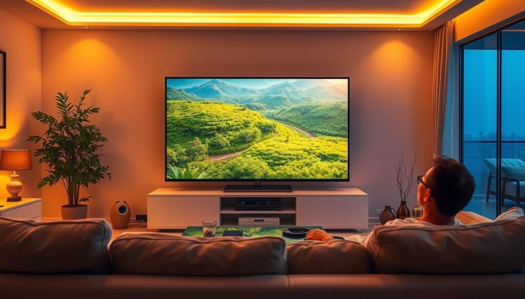 A vibrant and immersive living room scene, with a large flat-screen TV taking center stage. The room is bathed in warm, soft lighting, creating a cozy and inviting atmosphere. On the TV screen, a captivating nature documentary unfolds, transporting the viewer to a lush, verdant landscape. The viewer, seated comfortably on a plush sofa, is engrossed in the visuals, their expression one of wonder and awe. The room's decor is modern and minimalist, with clean lines and neutral tones that complement the vivid imagery on the screen. The overall scene conveys the importance of "تجربة المشاهدة" in selecting the perfect IPTV service, such as "iptv dubai", to enhance one's entertainment experience.