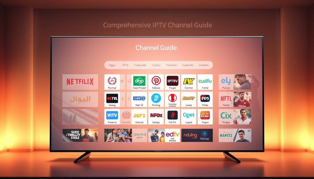 A vibrant and intuitive interface depicting a comprehensive IPTV channel guide, showcasing the diverse content available from the "iptv dubai" service. The design features a clean, modern layout with a central grid displaying channel logos and titles, allowing for easy navigation. Subtle gradients and a muted color palette create a sleek, premium aesthetic, while strategic use of negative space and clear visual hierarchy guide the user's eye. The layout conveys a sense of depth and dynamism, with the foreground detailing the channel guide, the middle ground highlighting key featured channels, and the background subtly hinting at the expansive content library. Soft, warm lighting casts a welcoming ambiance, inviting the viewer to explore the comprehensive IPTV experience.