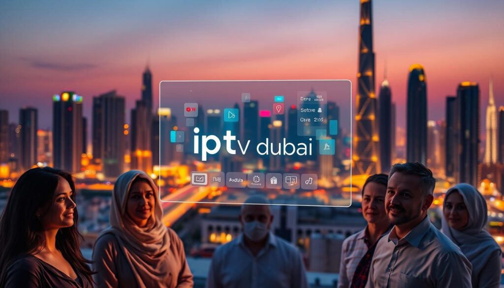 A vibrant cityscape at dusk, the iconic skyline of Dubai in the background. In the foreground, a holographic display showcases the "iptv dubai" brand, its sleek interface and content offerings floating in mid-air. The display is surrounded by a group of individuals, their expressions conveying a sense of legality, compliance, and technology integration. Soft, warm lighting illuminates the scene, creating an atmosphere of professionalism and regulatory adherence. The image should communicate the legal landscape for IPTV services in the UAE, blending the modern aesthetic of Dubai with the responsible deployment of advanced streaming technologies.