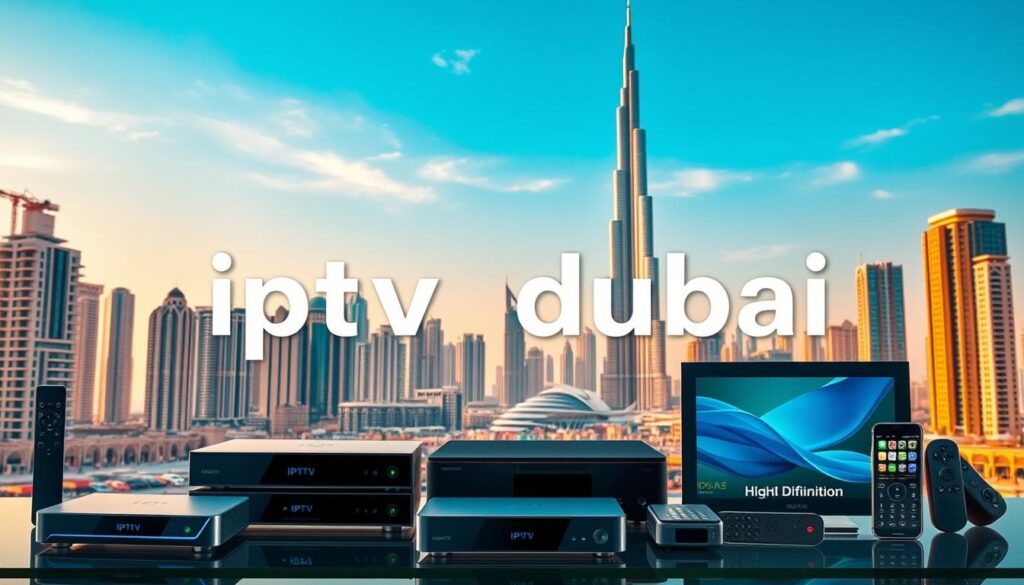 A vibrant cityscape of Dubai, United Arab Emirates, with the iconic Burj Khalifa towering in the background. In the foreground, a variety of IPTV devices and services are prominently displayed, including sleek set-top boxes, high-definition streaming devices, and mobile applications. The scene is bathed in warm, golden light, creating a sense of modernity and technological sophistication. The text "iptv dubai" is subtly integrated into the composition, highlighting the city's reputation as a hub for cutting-edge digital entertainment solutions.