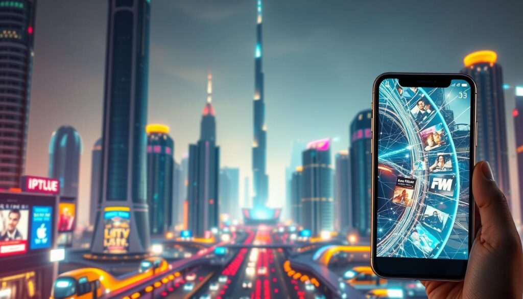 A vibrant, futuristic cityscape of IPTV Dubai, with towering skyscrapers and a network of glowing digital infrastructure. In the foreground, a sleek, modern iPhone showcases the seamless integration of IPTV technology, its display illuminating the scene with a mesmerizing array of entertainment content. The middle ground features a bustling metropolis, with futuristic transportation and a pulsing technological heartbeat. The background is dominated by a vibrant, neon-lit skyline, creating an atmosphere of technological innovation and boundless possibilities. Warm, diffused lighting and a cinematic depth of field enhance the sense of immersion, capturing the essence of IPTV's transformative power on the iPhone.
